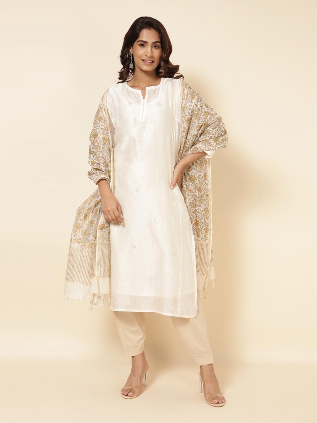 

Fabindia Floral Printed Cotton Silk Kalamkari Dupatta, White