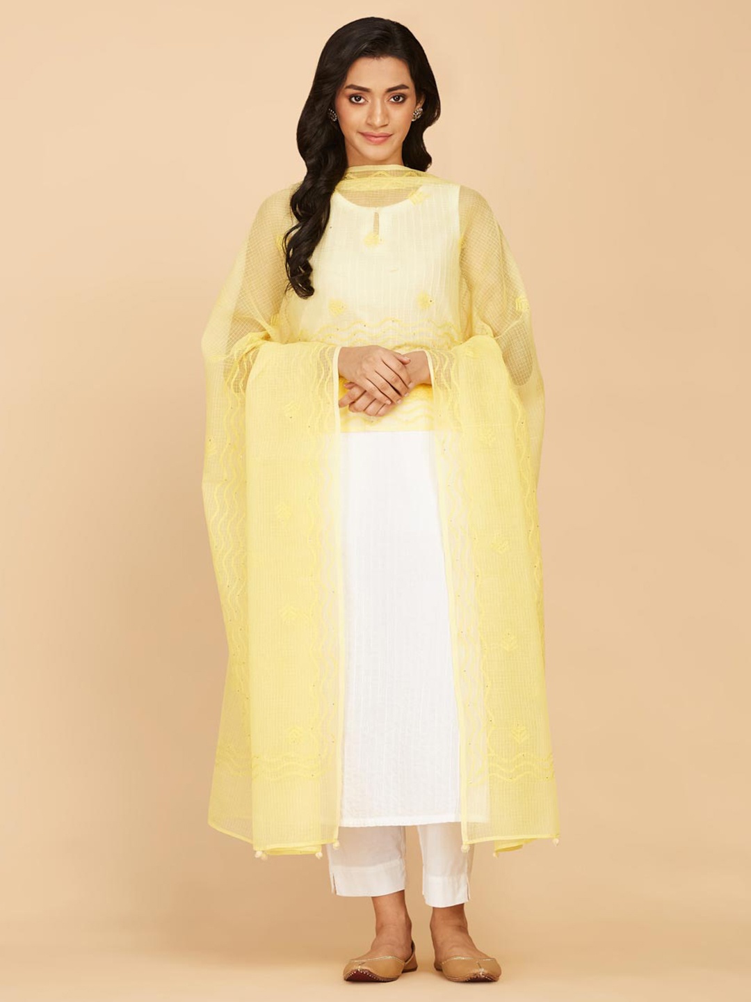 

Fabindia Floral Chikankari Embroidered Cotton Silk Dupatta, Yellow