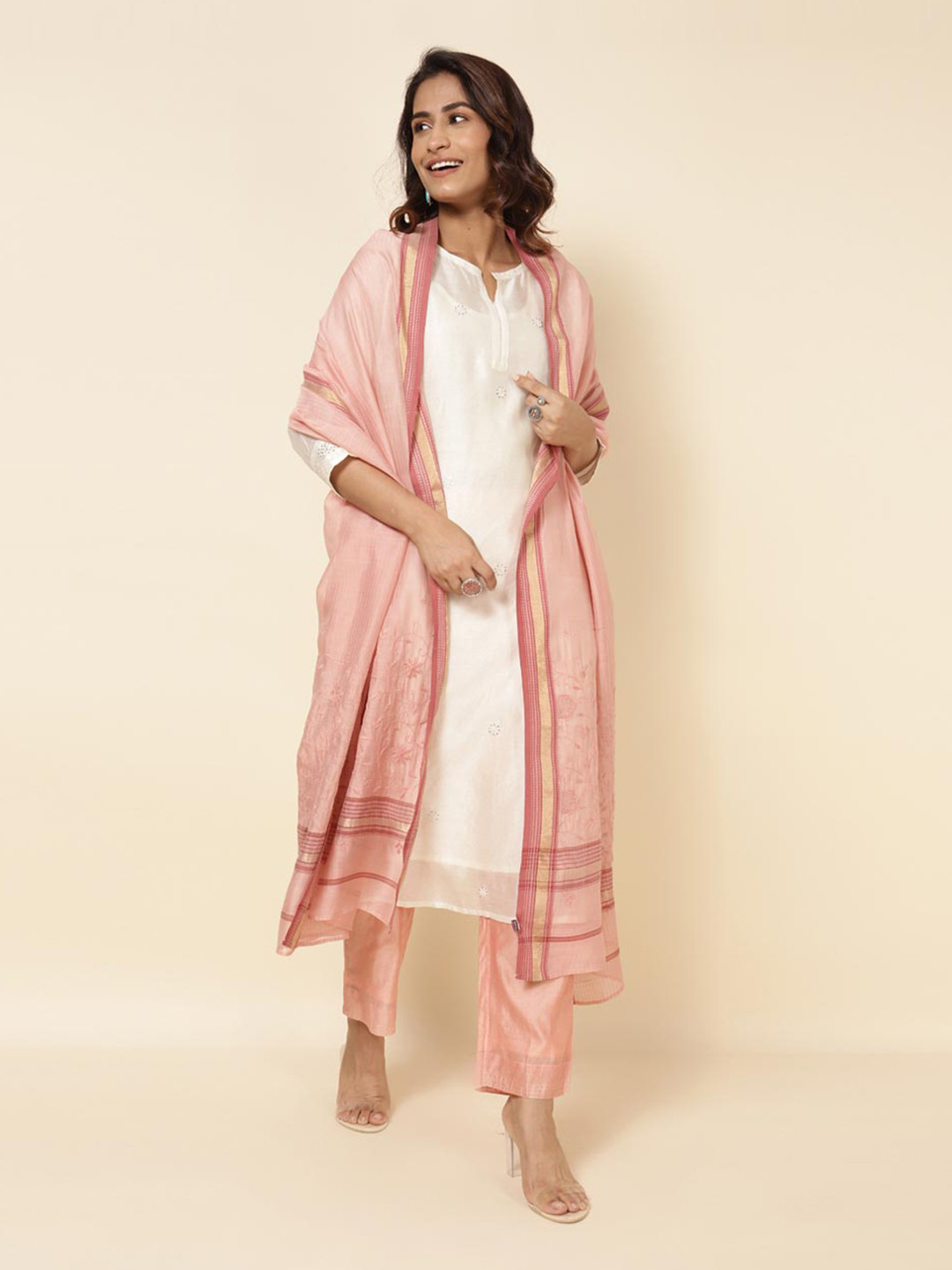 

Fabindia Embroidered Zari Cotton Silk Dupatta, Pink