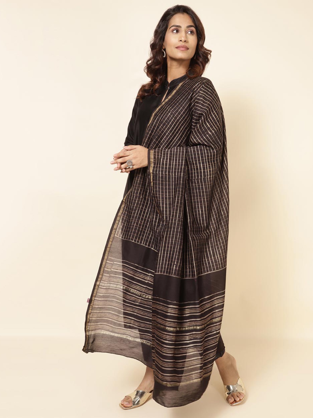 

Fabindia Striped Cotton Silk Dupatta, Brown