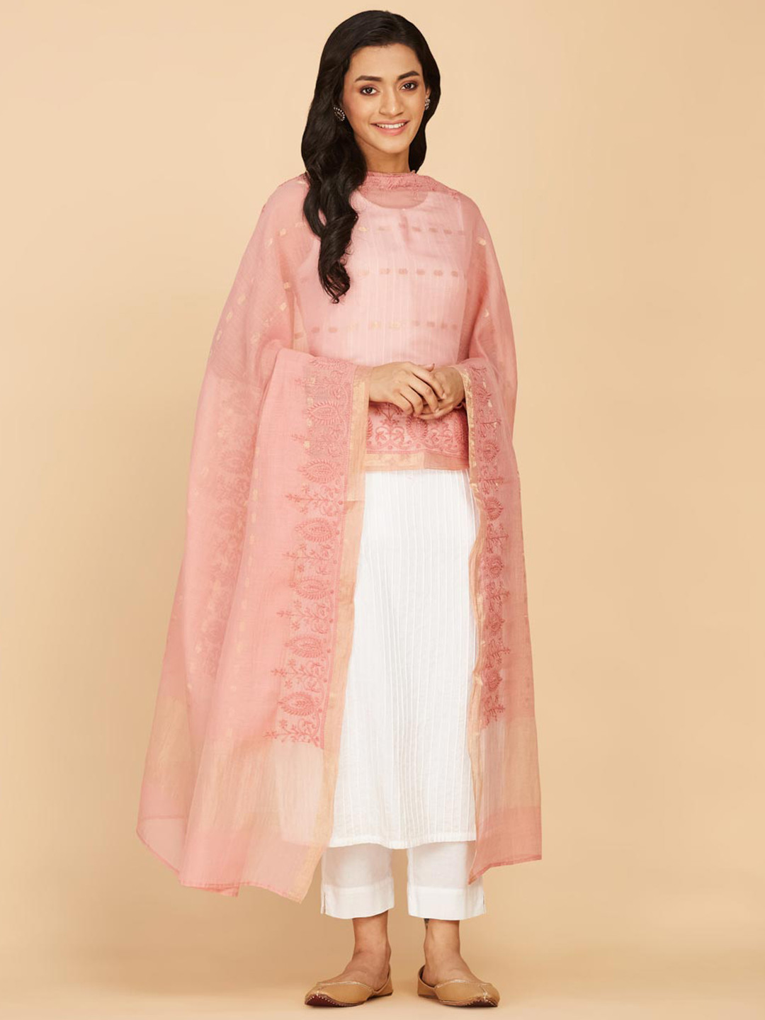 

Fabindia Floral Embroidered Zari Cotton Silk Dupatta, Pink