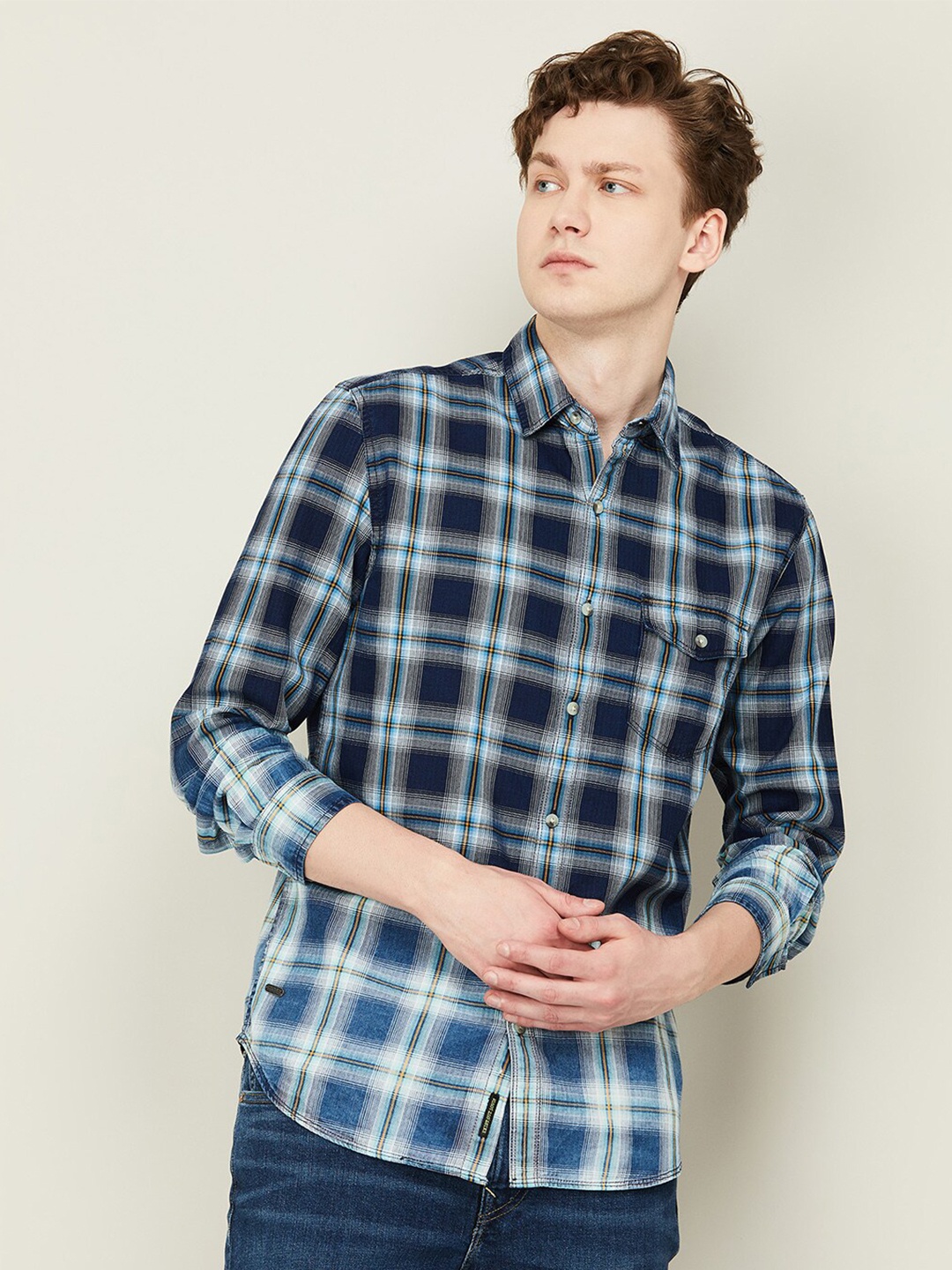 

Forca by Lifestyle Tartan Checked Spread Collar Cotton Casual Shirt, Navy blue