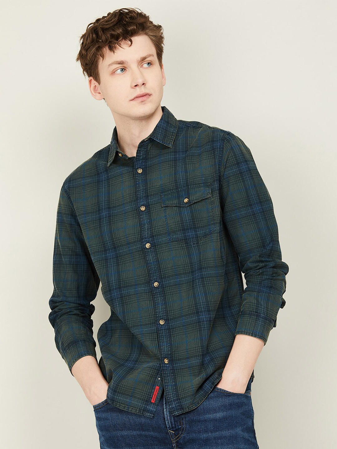 

Forca by Lifestyle Tartan Checked Spread Collar Cotton Casual Shirt, Green