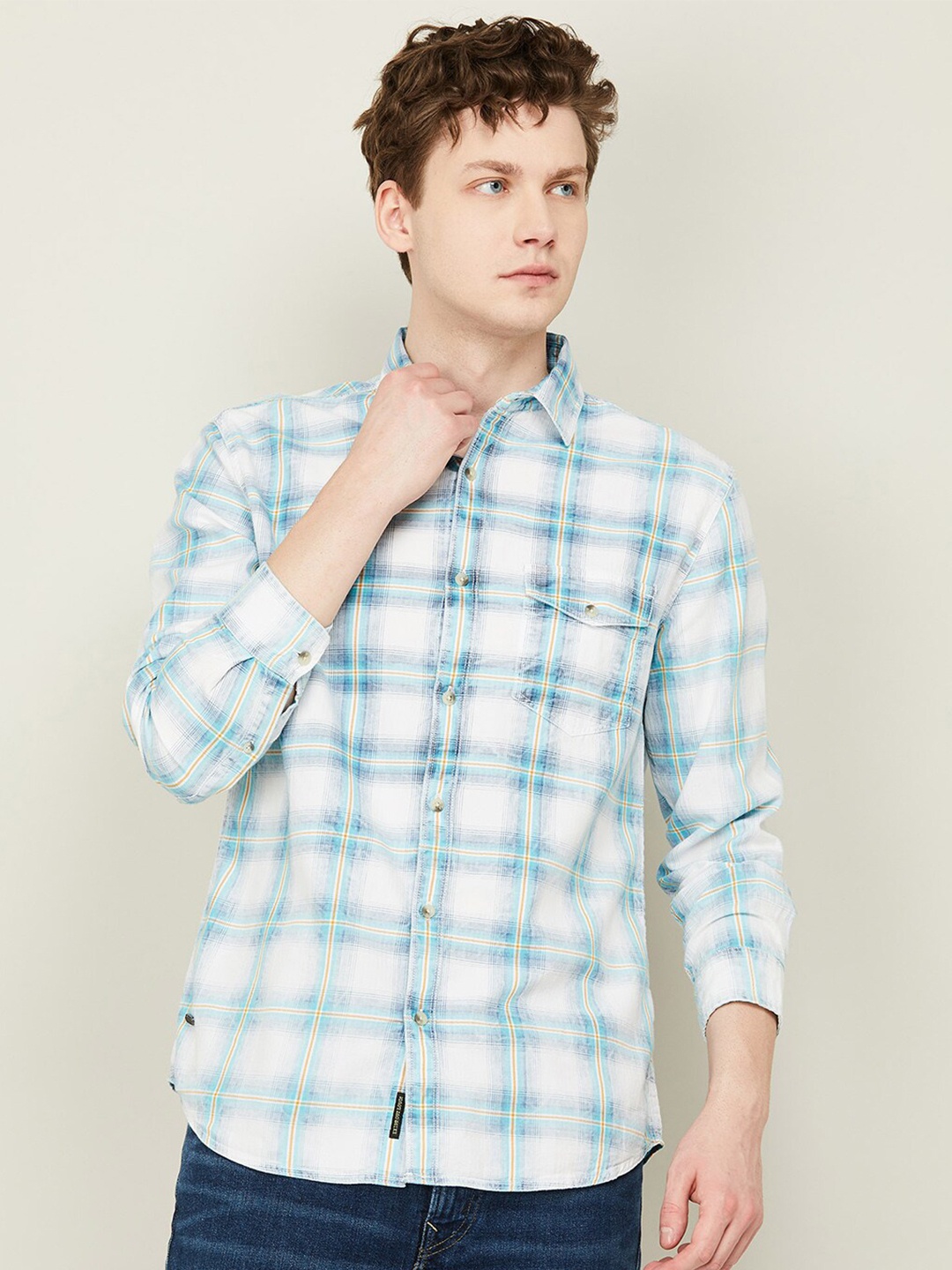 

Forca Tartan Checked Spread Collar Cotton Casual Shirt, White