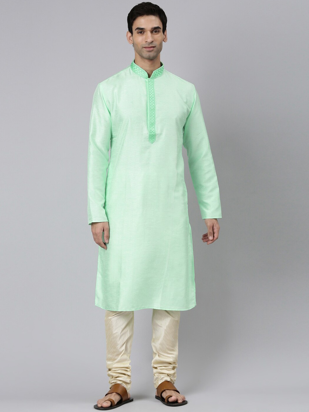 

Rishika Thread Work Straight Kurta with Churidar, Sea green