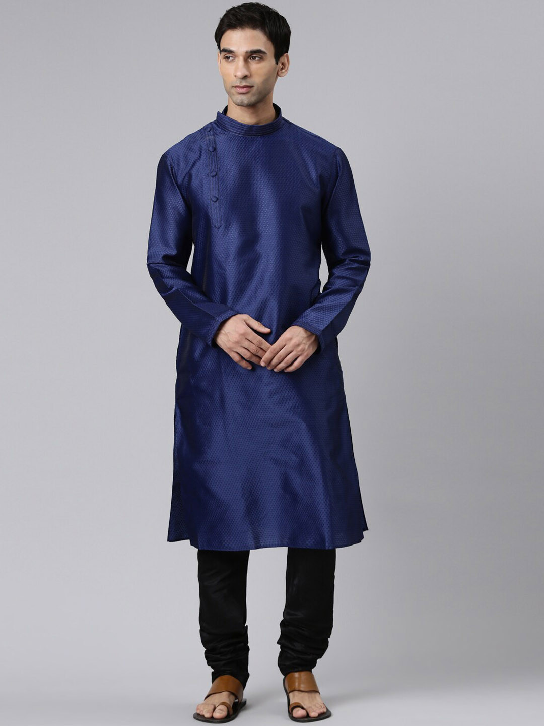 

Rishika Geometric Woven Design Thread Work Detail Straight Kurta With Churidar, Navy blue