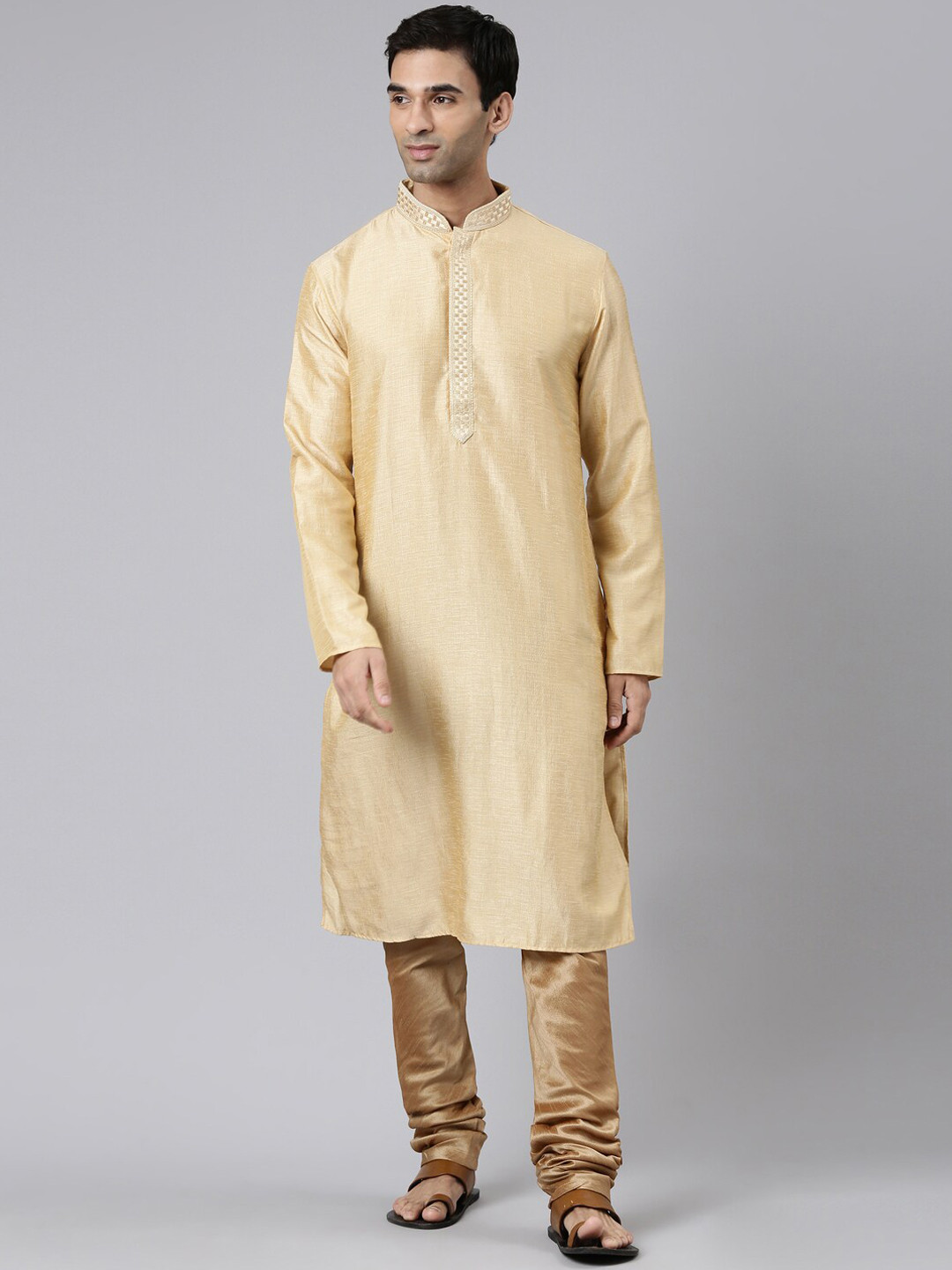 

Rishika Mandarin Collar Thread Work Kurta with Churidar, Beige