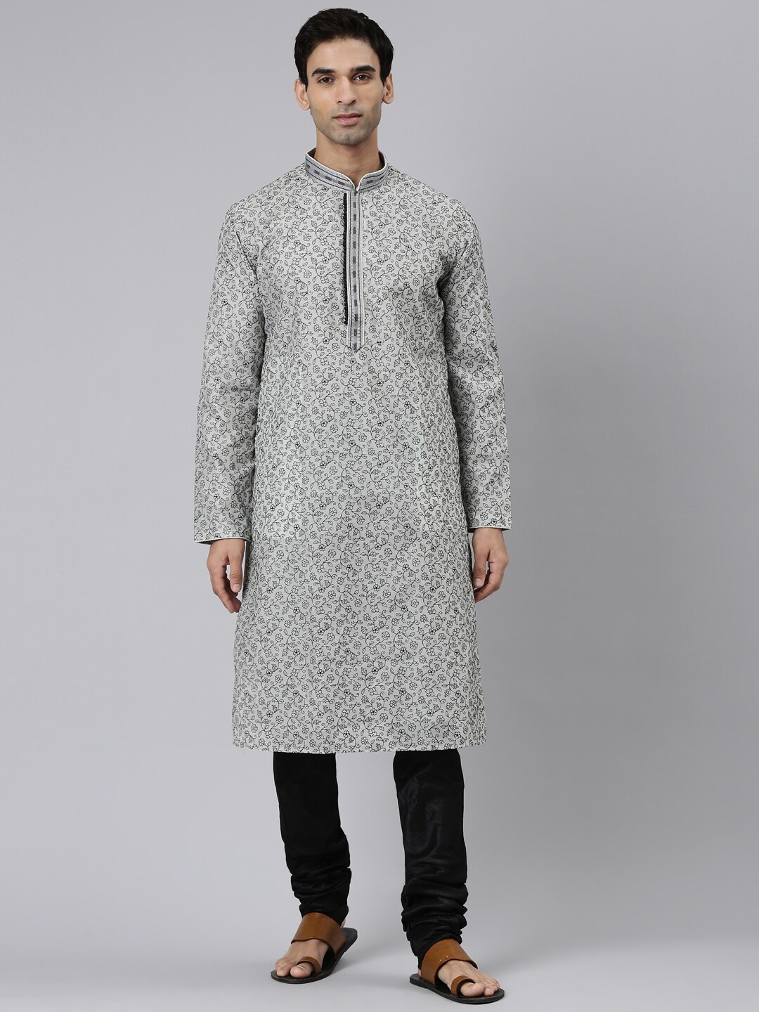 

Rishika Men Grey Floral Embroidered Regular Kurta with Pyjamas