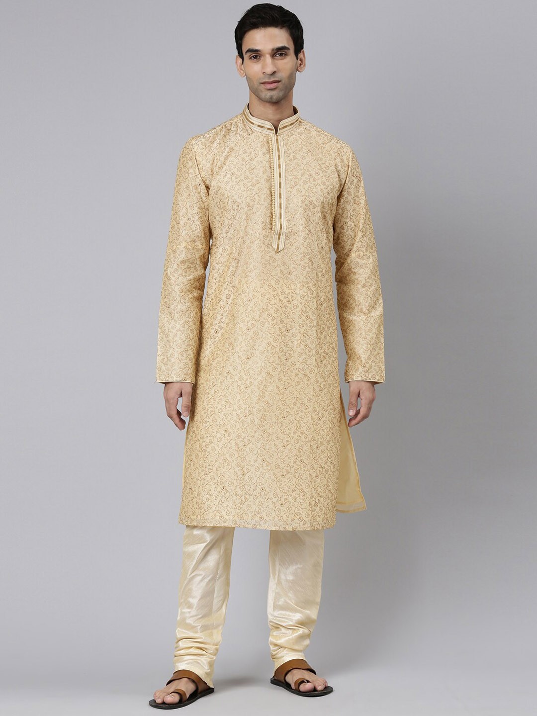 

Rishika Men Beige Floral Embroidered Regular Thread Work Kurta with Pyjamas