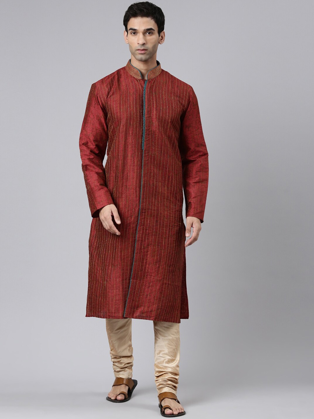 

Rishika Men Maroon Printed Regular Thread Work Kurta with Pyjamas