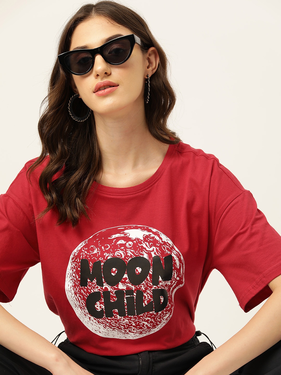 

DressBerry Printed Drop-Shoulder Sleeves Pure Cotton T-shirt, Red