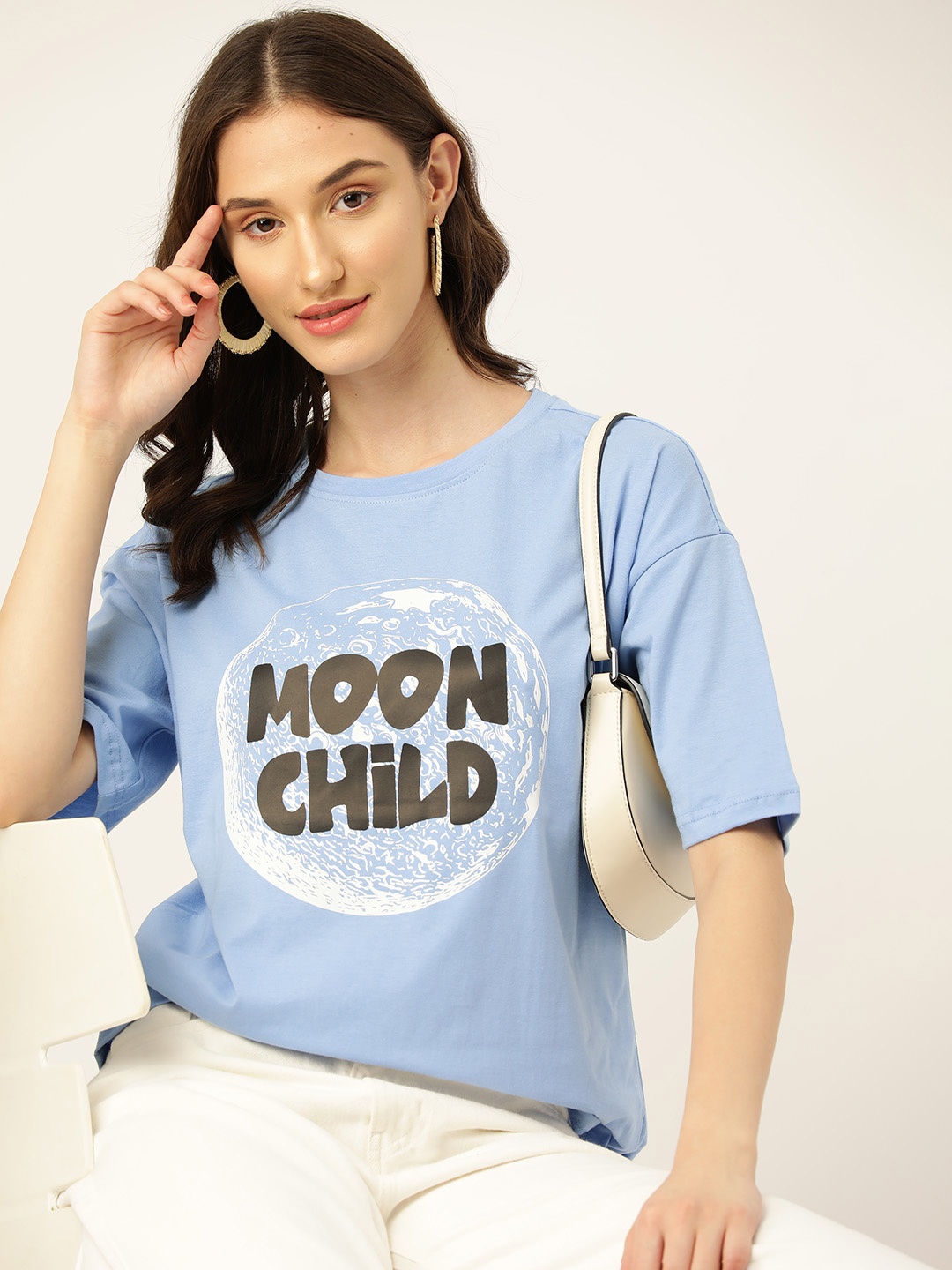 

DressBerry Printed Drop-Shoulder Sleeves Pure Cotton T-shirt, Blue