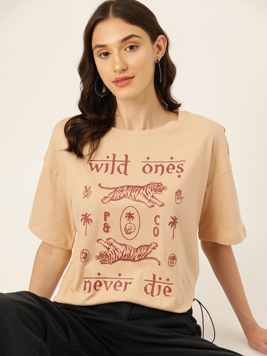 

DressBerry Printed Drop-Shoulder Sleeves Pure Cotton T-shirt, Beige