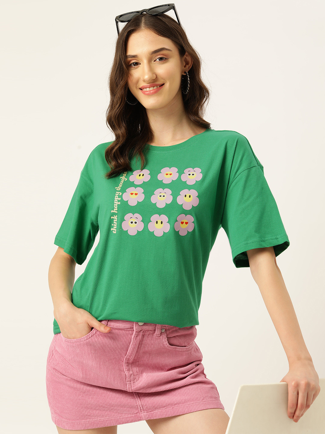 

DressBerry Printed Drop-Shoulder Sleeves Pure Cotton T-shirt, Green
