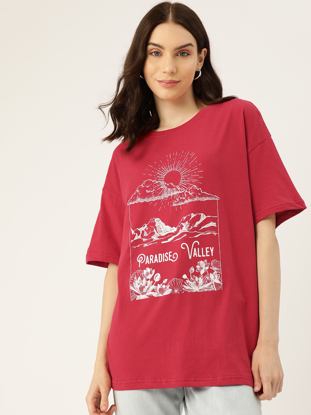 

DressBerry Printed Drop-Shoulder Sleeves Pure Cotton T-shirt, Maroon