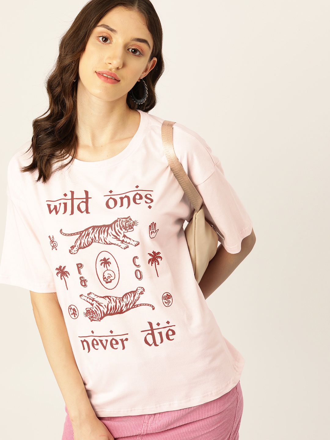 

DressBerry Women Pink & Brown Printed Drop-Shoulder Sleeves Pure Cotton T-shirt