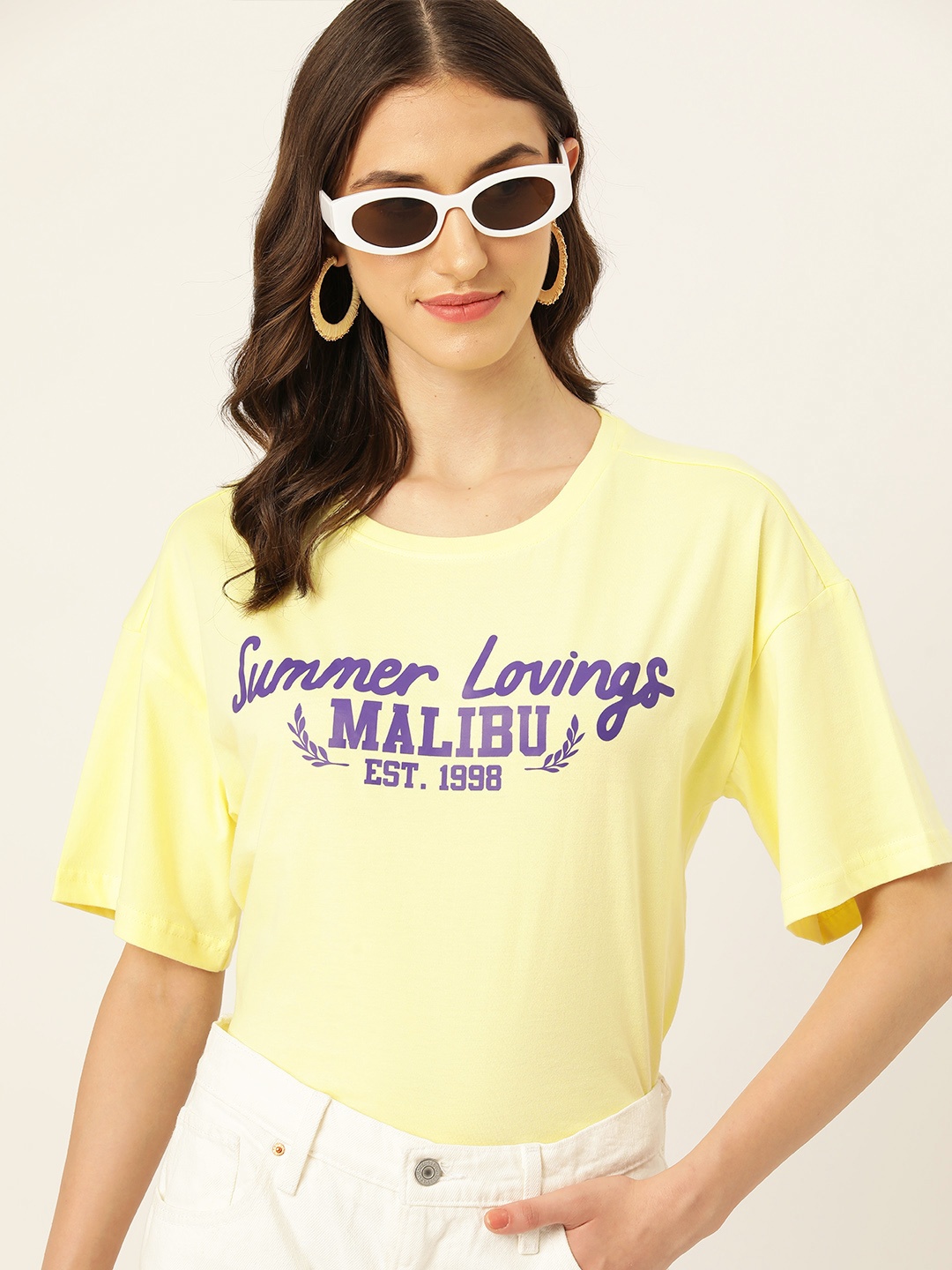 

DressBerry Printed Drop-Shoulder Sleeves Pure Cotton T-shirt, Yellow