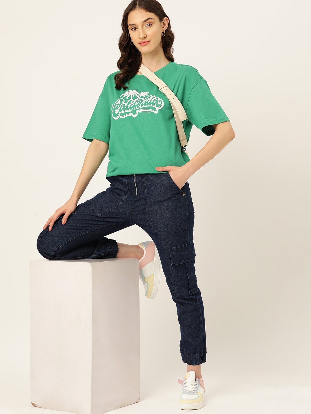 

DressBerry Typography Printed Pure Cotton Longline T-shirt, Green