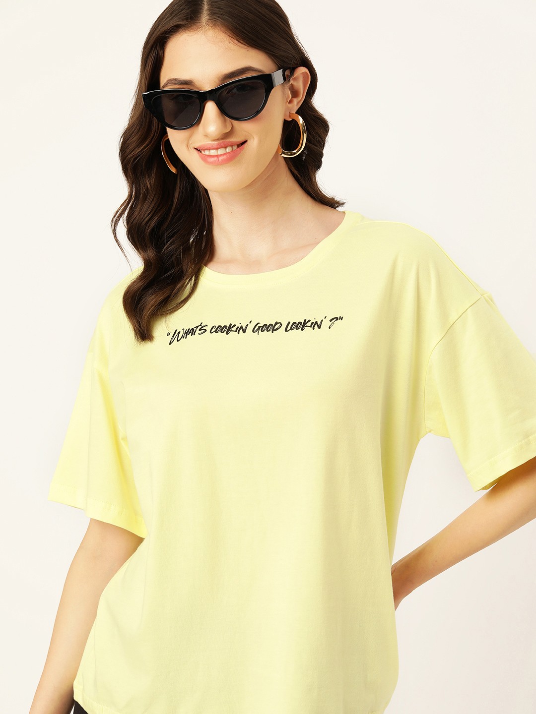 

DressBerry Printed Detail Drop-Shoulder Sleeves Pure Cotton T-shirt, Yellow
