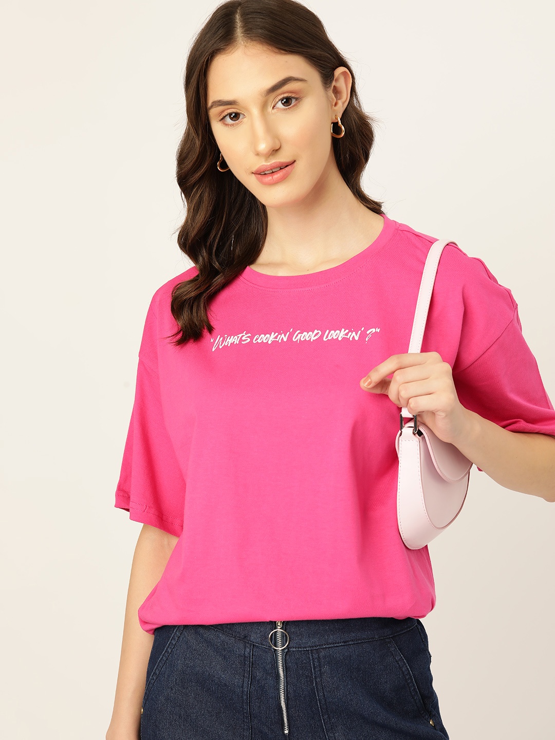 

DressBerry Printed Detail Drop-Shoulder Sleeves Pure Cotton T-shirt, Pink