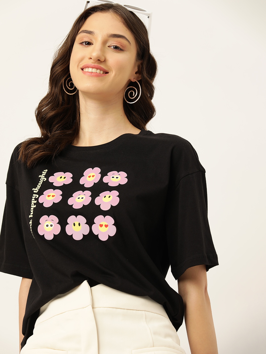 

DressBerry Floral Printed Pure Cotton Longline T-shirt, Black