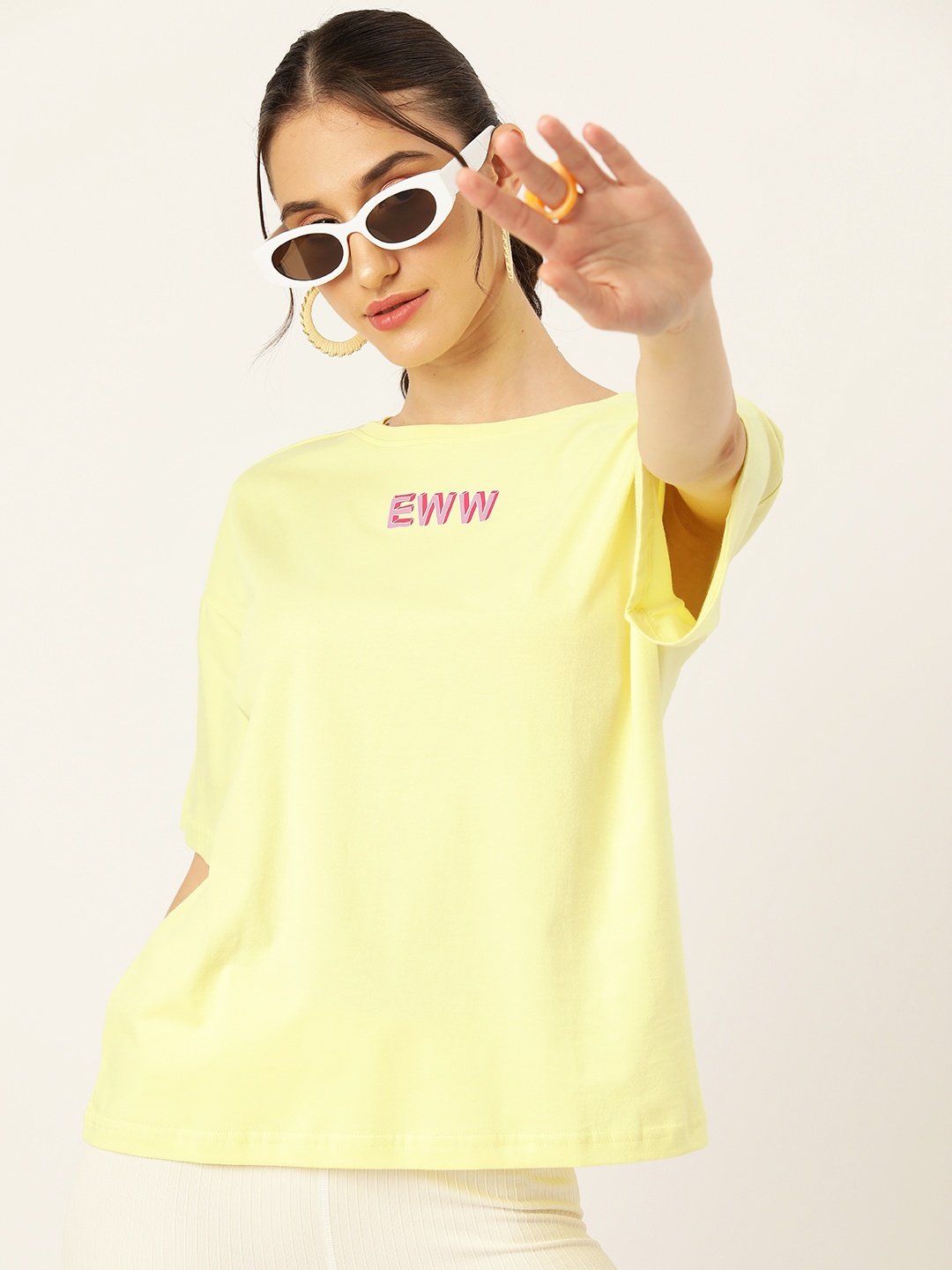 

DressBerry Printed Drop-Shoulder Sleeves Cotton T-shirt, Yellow
