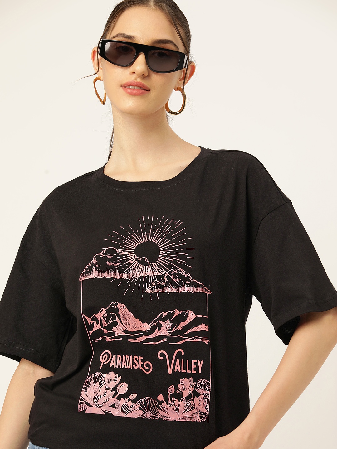 

DressBerry Printed Drop-Shoulder Sleeves Cotton T-shirt, Black