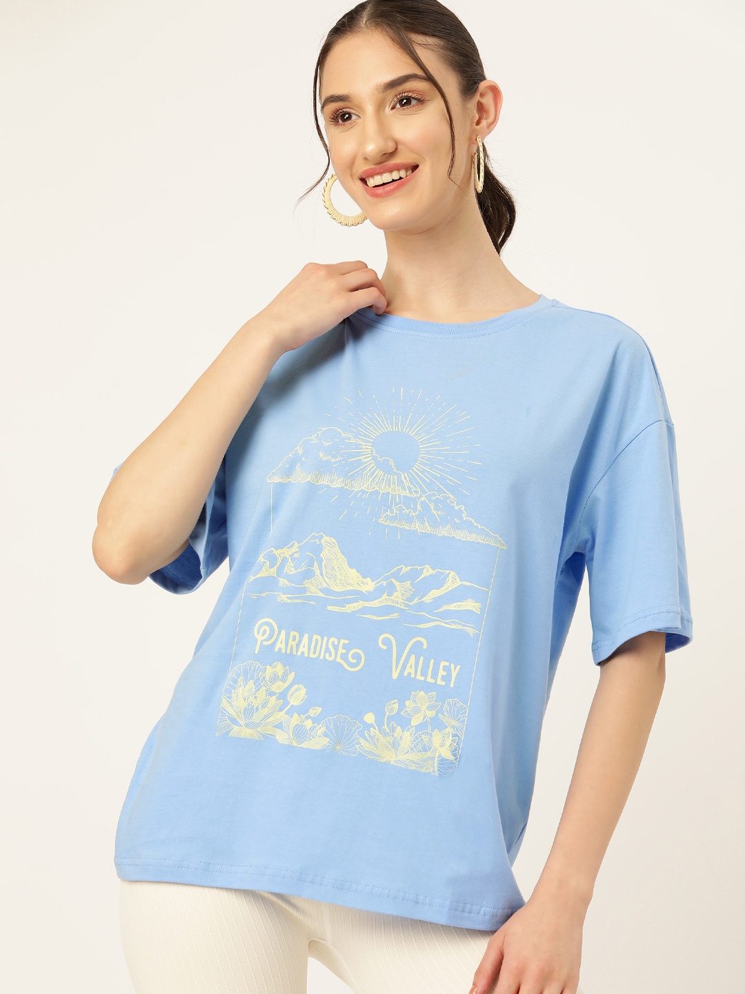 

DressBerry Printed Drop-Shoulder Sleeves Cotton T-shirt, Blue