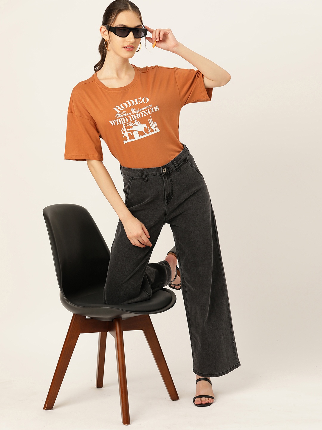 

DressBerry Printed Drop-Shoulder Sleeves Cotton T-shirt, Rust