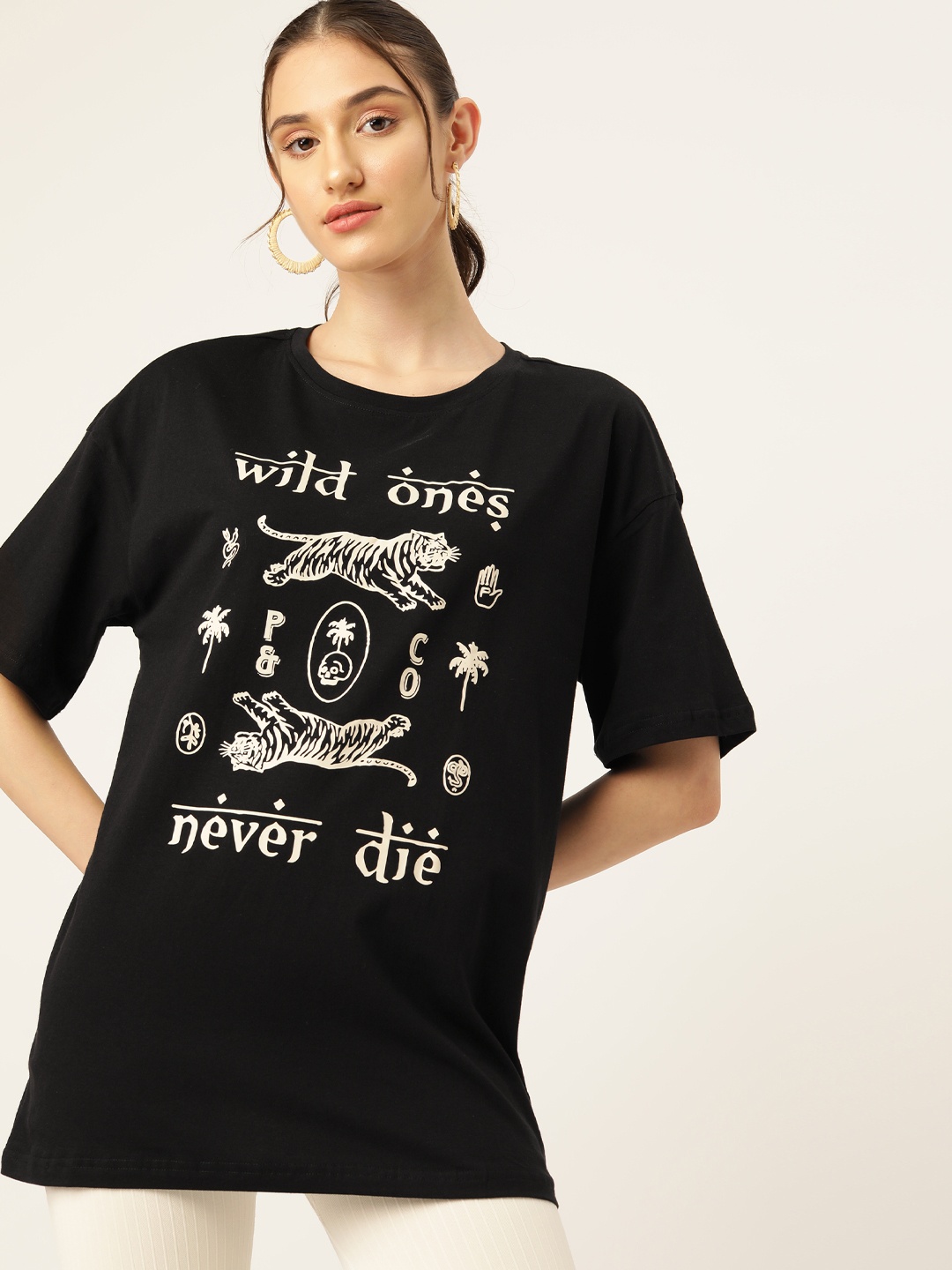 

DressBerry Printed Drop-Shoulder Sleeves Cotton T-shirt, Black