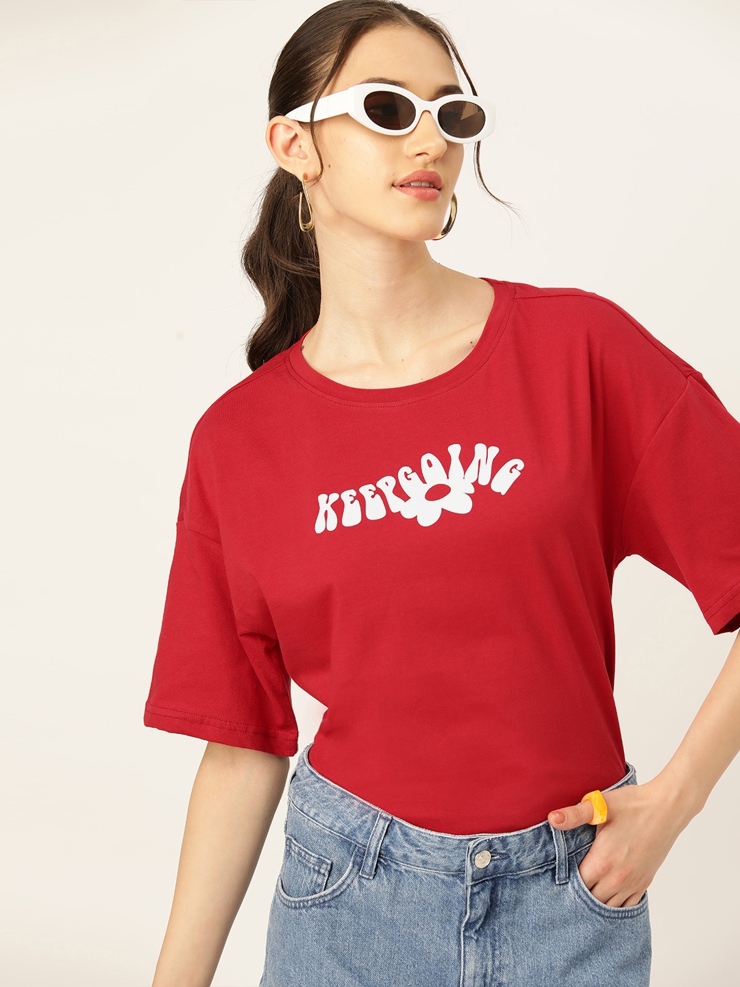 

DressBerry Printed Drop-Shoulder Sleeves Cotton T-shirt, Maroon