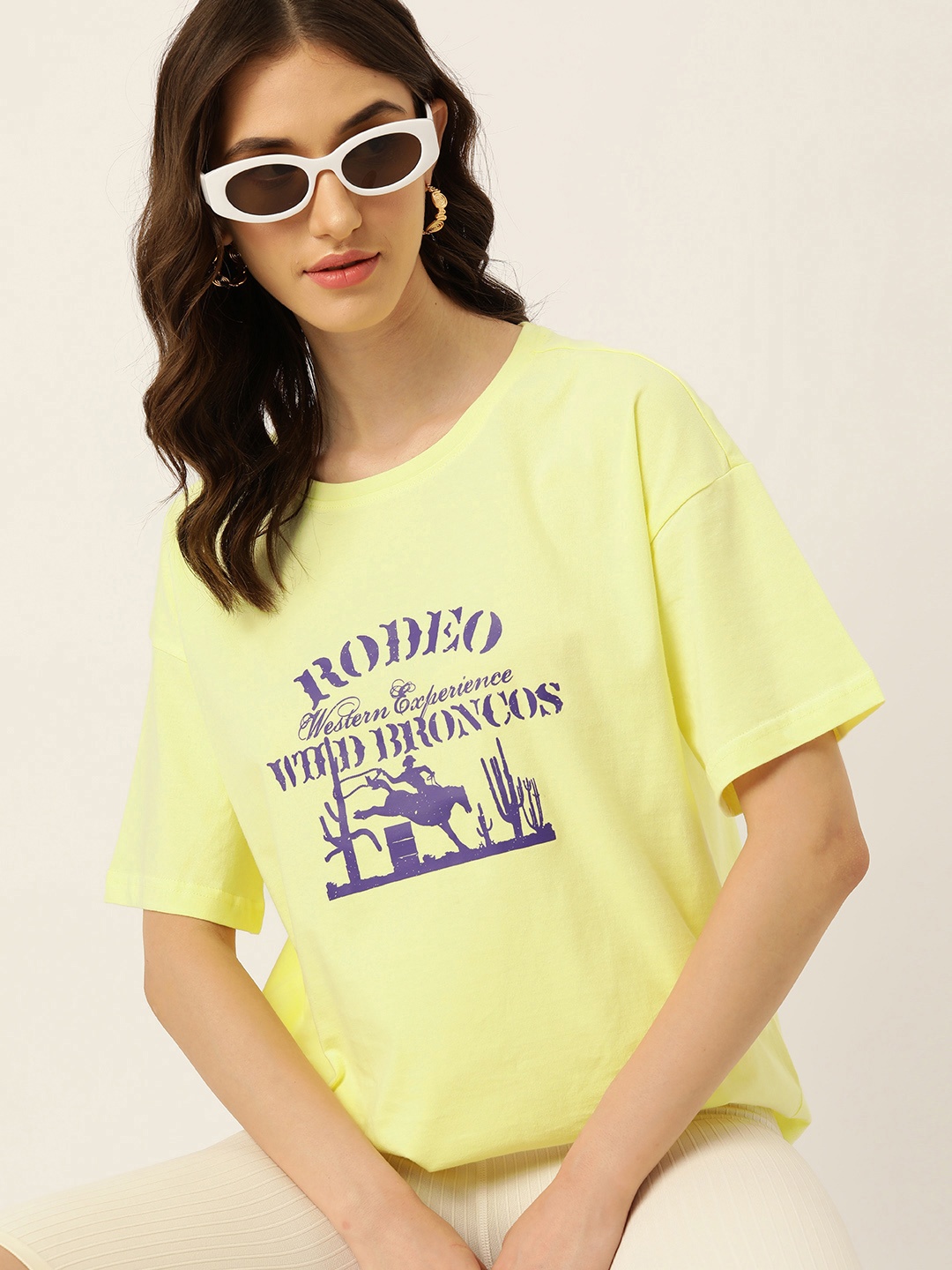 

DressBerry Pure Cotton Printed Drop-Shoulder Sleeves T-shirt, Yellow
