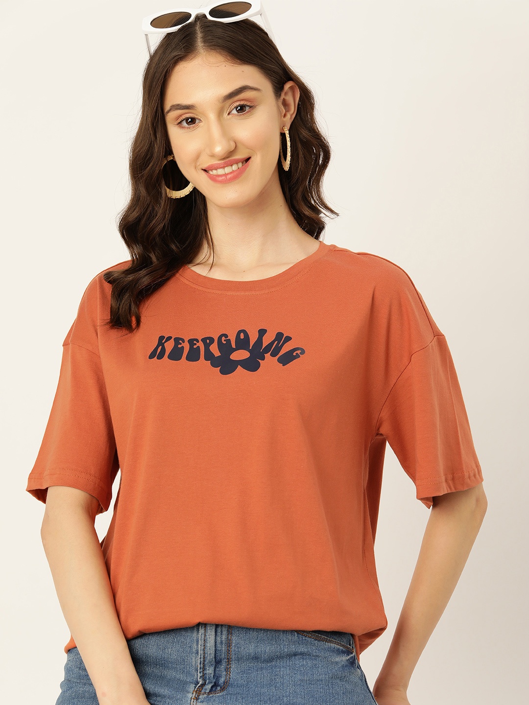 

DressBerry Pure Cotton Printed Drop-Shoulder Sleeves T-shirt, Rust