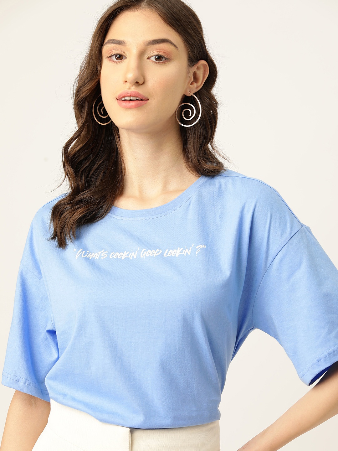 

DressBerry Pure Cotton Printed Drop-Shoulder Sleeves T-shirt, Blue