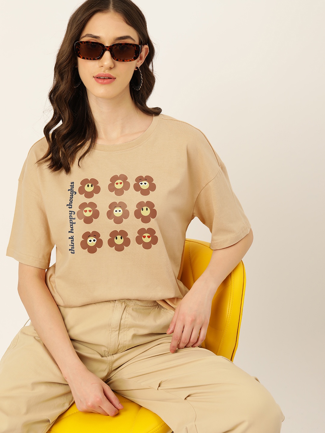 

DressBerry Pure Cotton Printed Drop-Shoulder Sleeves T-shirt, Beige
