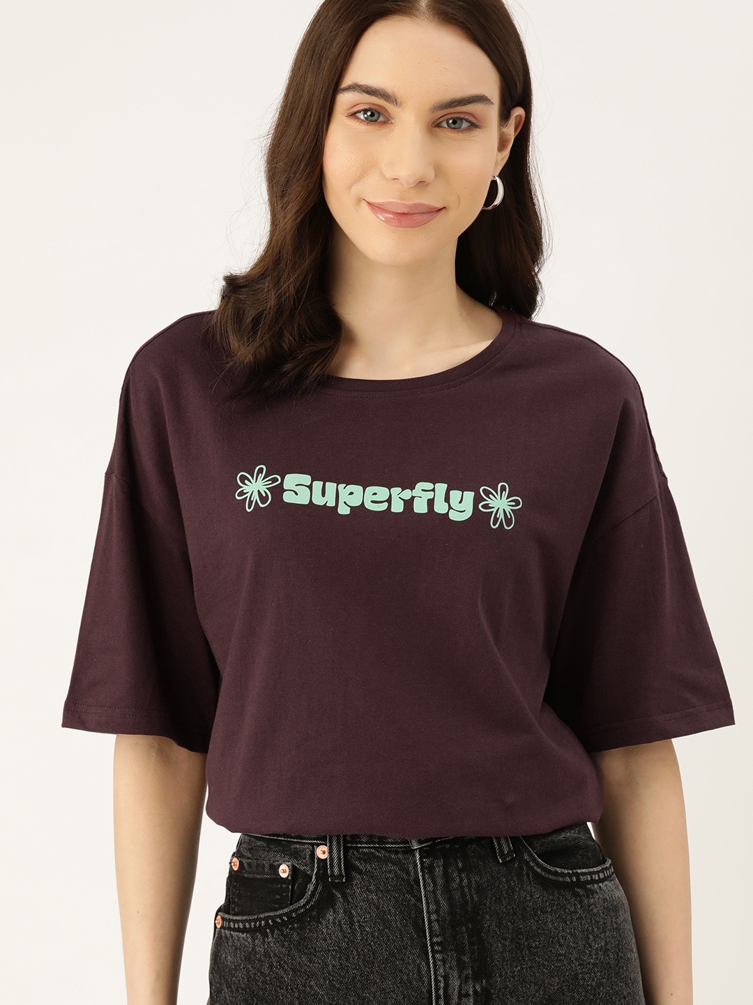 

DressBerry Pure Cotton Printed Drop-Shoulder Sleeves T-shirt, Burgundy