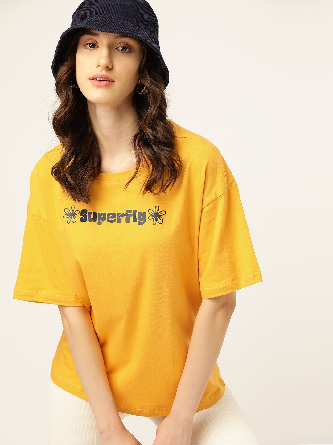

DressBerry Pure Cotton Printed Drop-Shoulder Sleeves T-shirt, Mustard