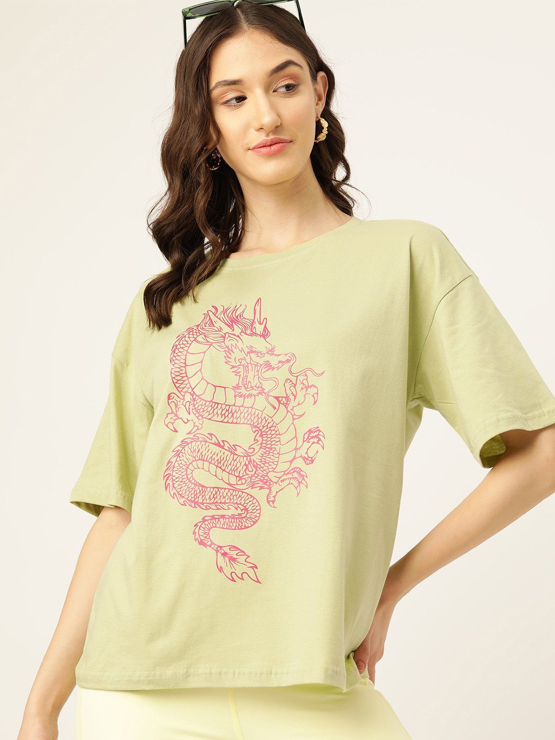 

DressBerry Pure Cotton Printed Drop-Shoulder Sleeves T-shirt, Olive
