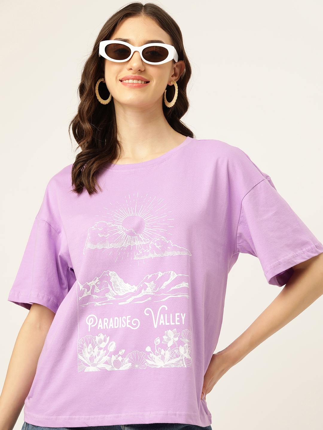 

DressBerry Pure Cotton Printed Drop-Shoulder Sleeves T-shirt, Lavender