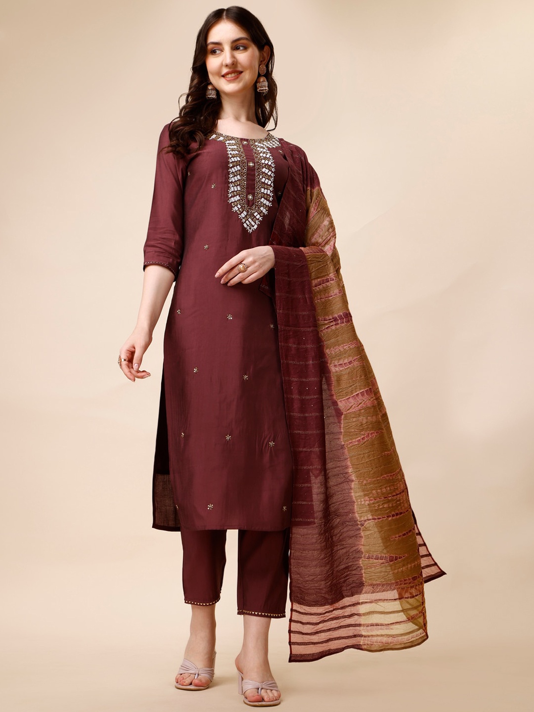 

Berrylicious Women Burgundy Embroidered Regular Sequinned Chanderi Cotton Kurta with Trousers & With Dupatta