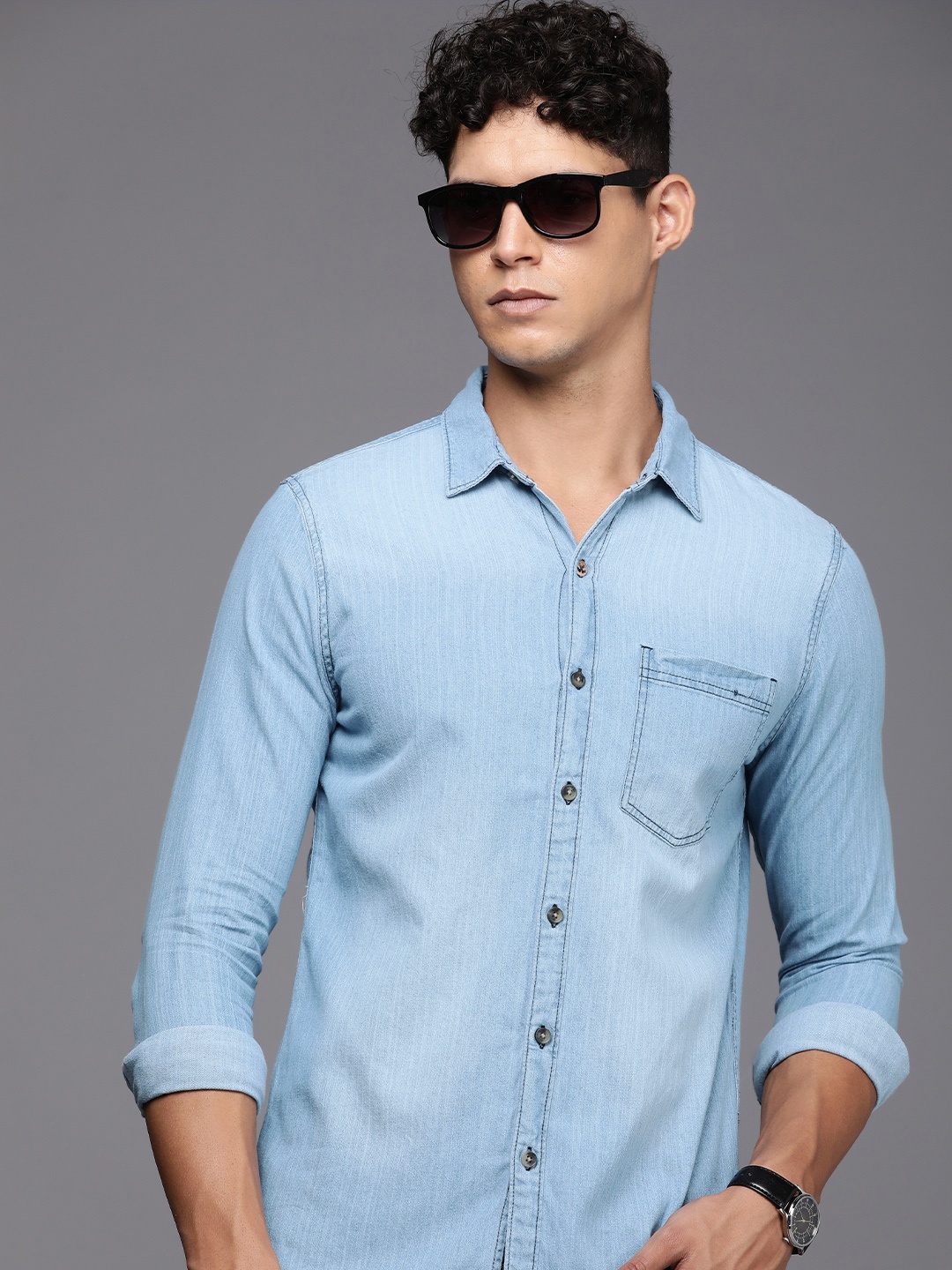 

WROGN Pure Cotton Chambray Slim Fit Casual Shirt, Blue