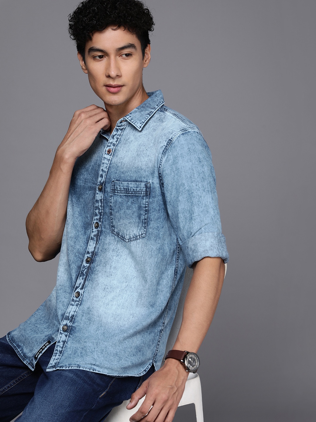 

WROGN Pure Cotton Slim Fit Solid Casual Shirt, Blue