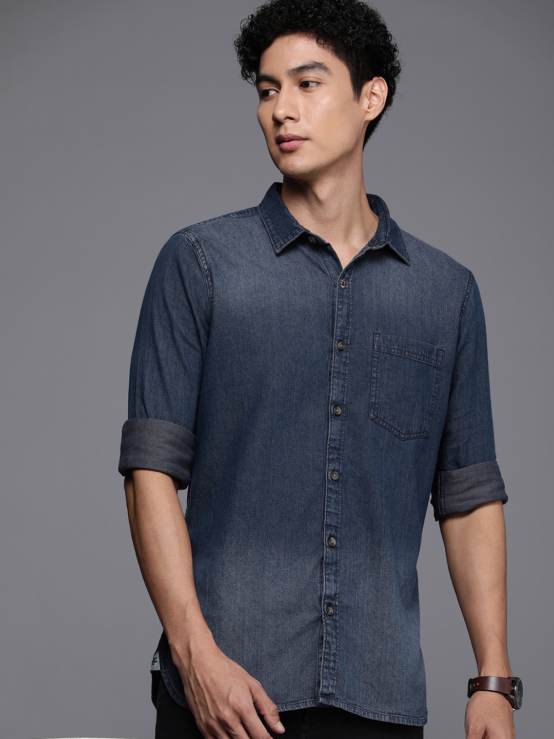 

WROGN Pure Cotton Slim Fit Solid Casual Shirt, Blue