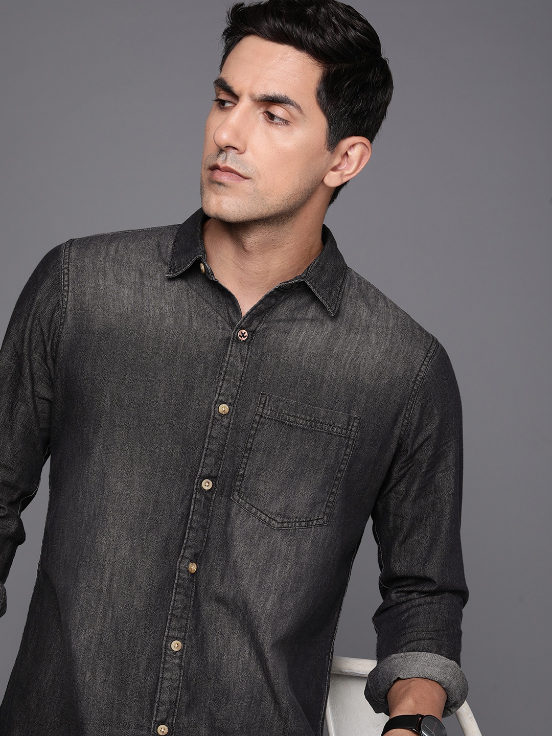 

WROGN Slim Fit Faded Pure Cotton Casual Shirt, Charcoal