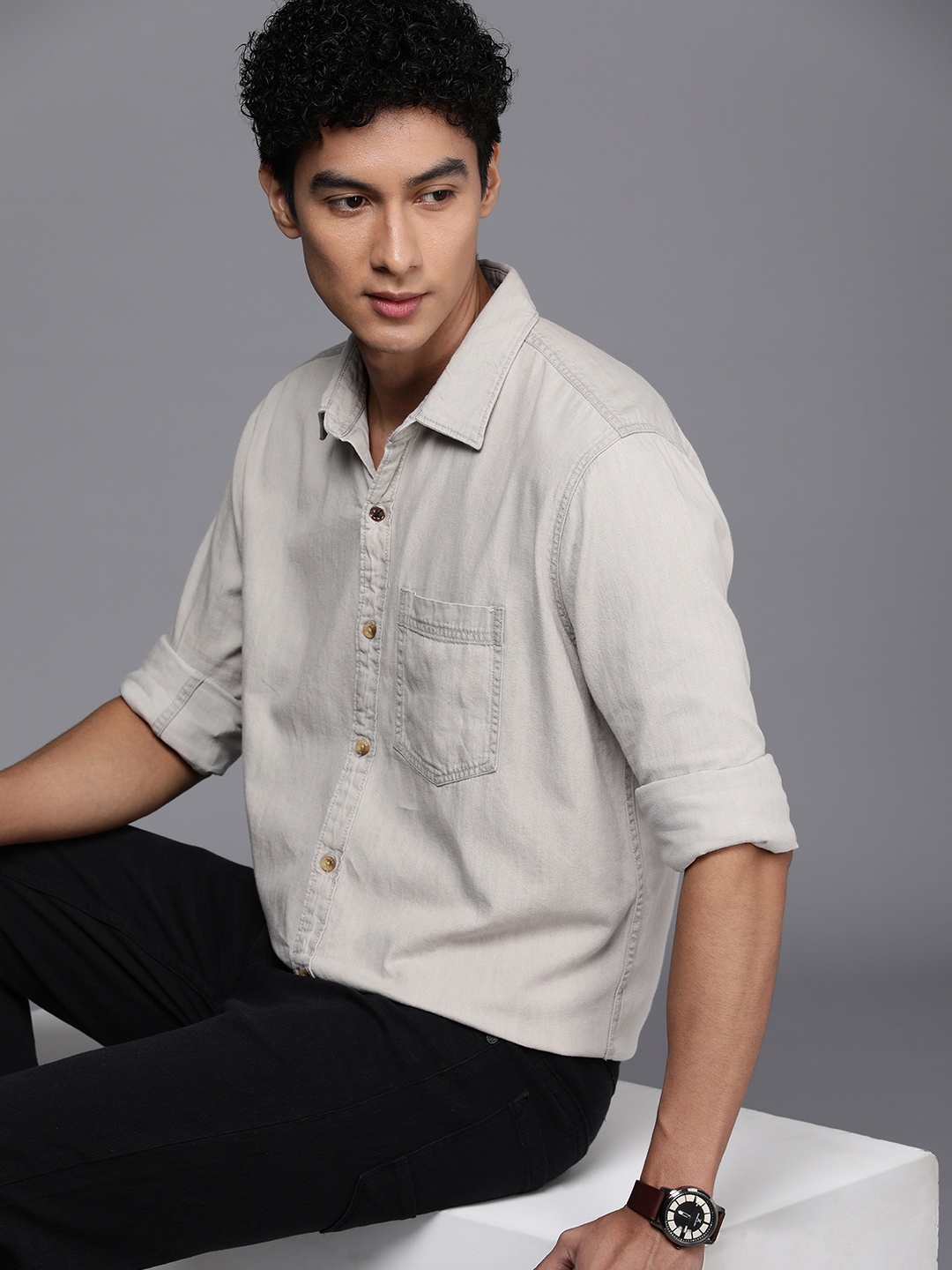 

WROGN Pure Cotton Slim Fit Solid Casual Shirt, Grey
