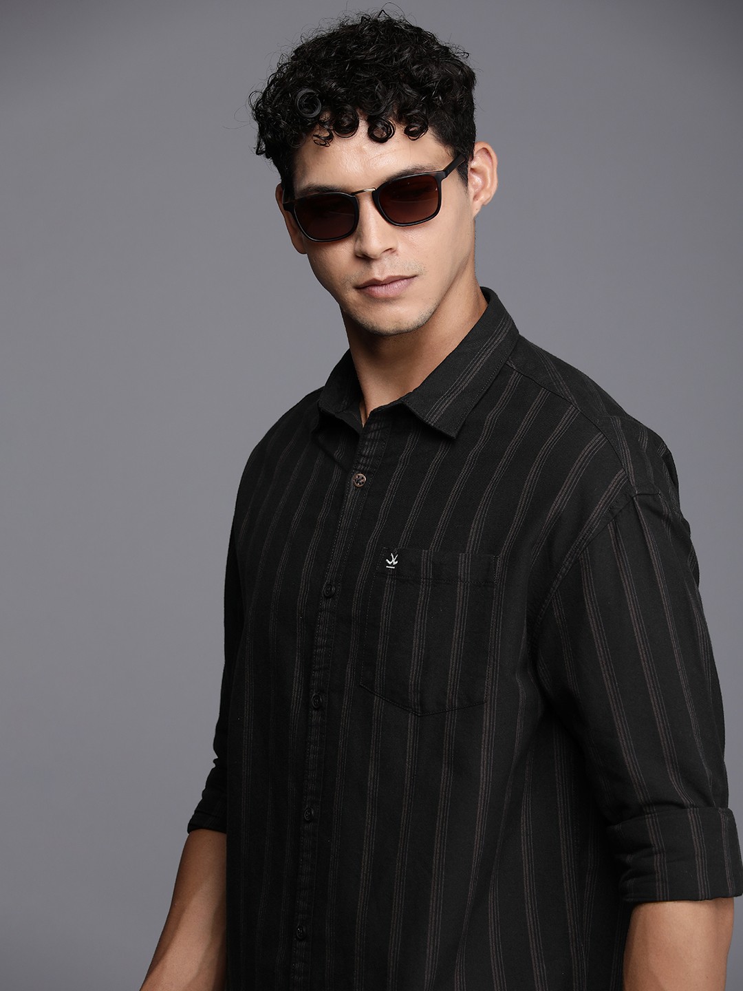 

WROGN Pure Cotton Boxy Striped Casual Shirt, Black