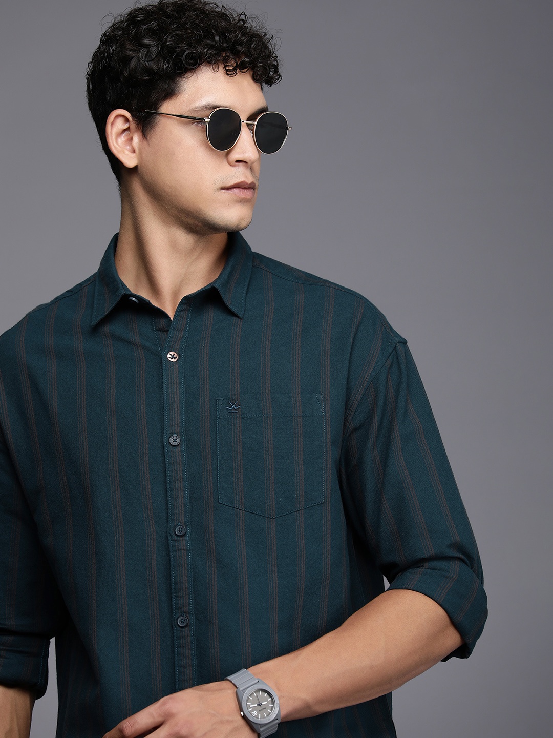 

WROGN Pure Cotton Boxy Striped Casual Shirt, Teal