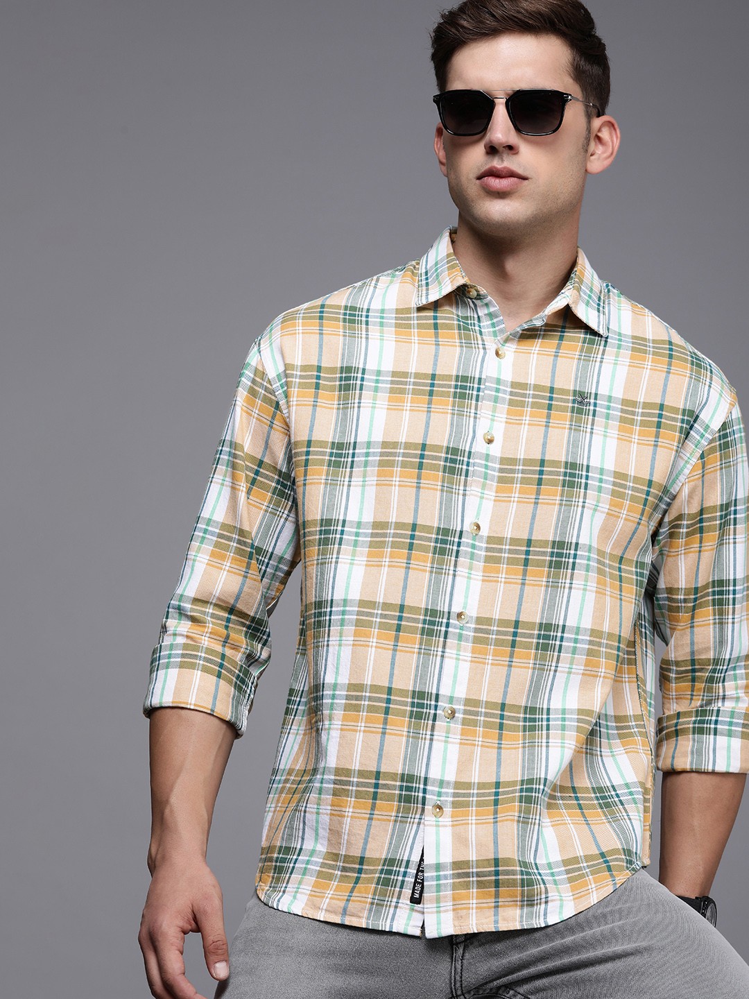 

WROGN Men Pure Cotton Boxy Fit Checked Casual Shirt, Beige