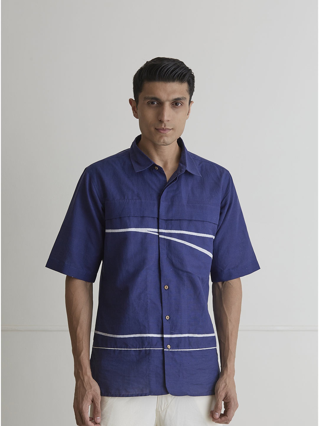 

ARTLESS Spread Collar Relaxed Fit Horizontal Stripes Casual Shirt, Blue