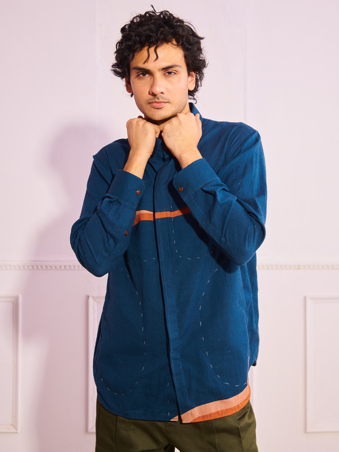 

ARTLESS Relaxed Spread Collar Hemp Cotton Casual Shirt, Navy blue